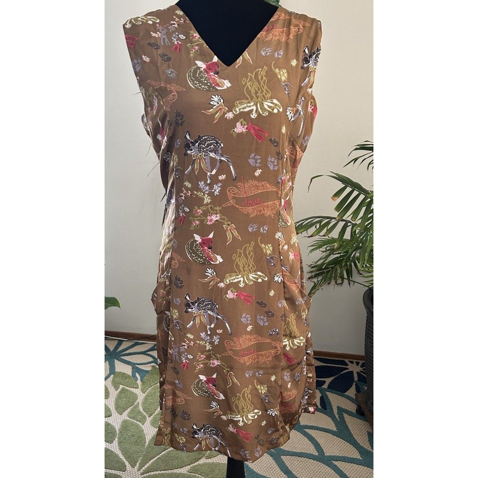 Frock Shop Silk Blend Midi Dress Brown Fairycore Woodland Print Sleeveless Sizem — image 2 of 8